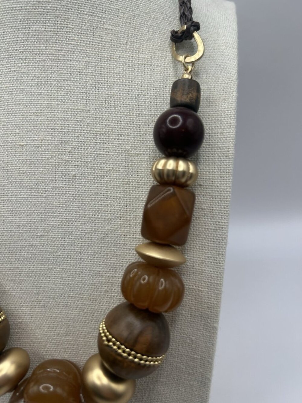 Vintage Boho Statement Necklace Wood Bead Gold Tone Brown Chunky Bib Braid Earth - Picture 4 of 13